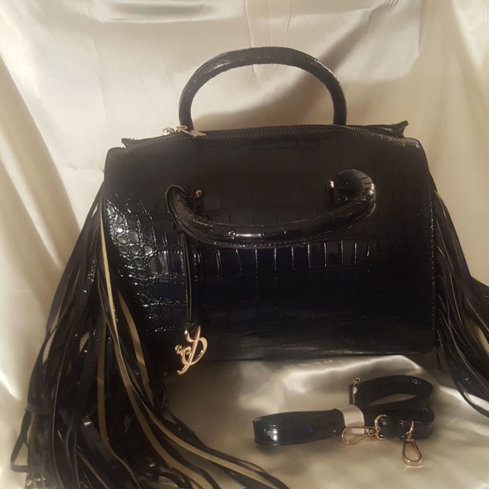 Navy blue patent leather alligator with fringes